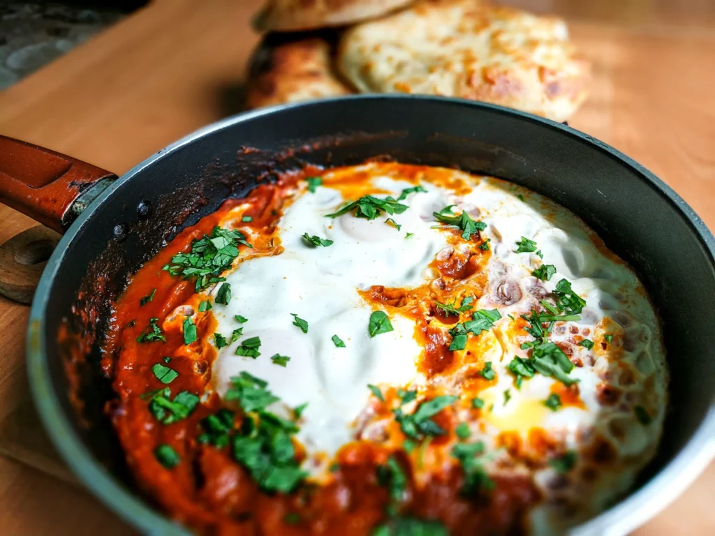 shakshuka in a pan with bread in the background