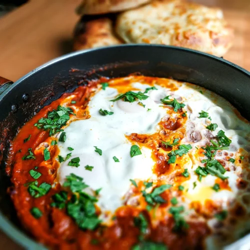 shakshuka in a pan with bread in the background