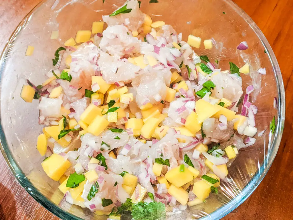 letting the mango coconut ceviche 'cook' in the lime juice acid