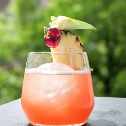 jungle bird cocktail with garnish on a slate in front of a lush tree