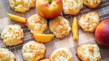 peach coconut macaroons on a table with fresh peaches and slices