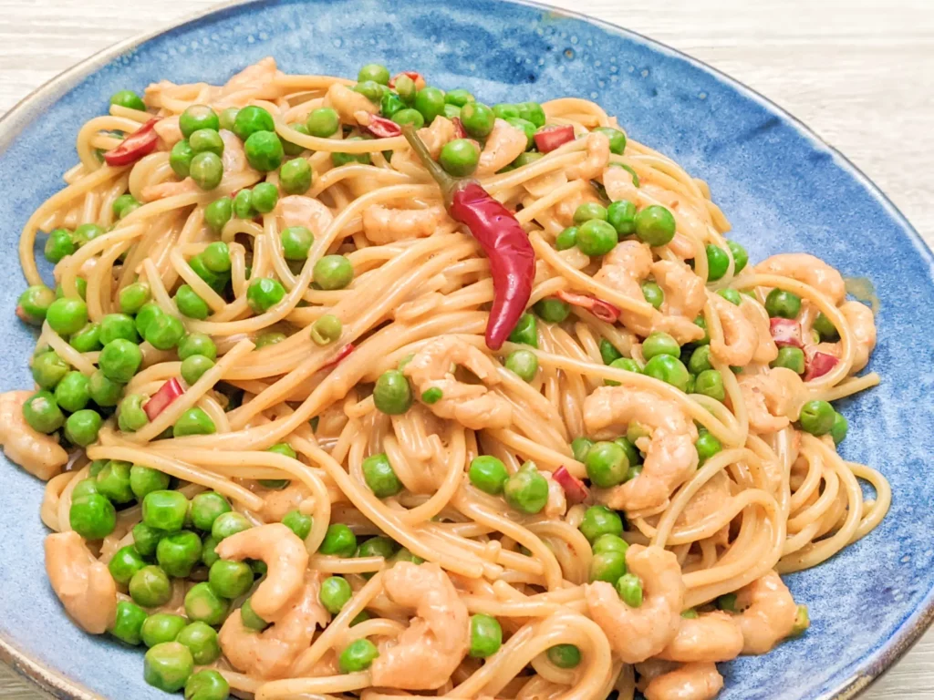 Spicy Cashew Sauce Noodles With Shrimp And Peas
