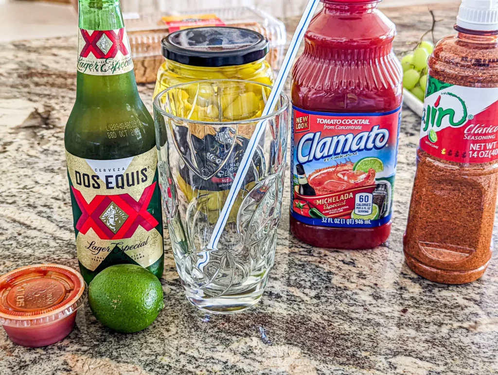 Clamato michelada ingredients and glass
