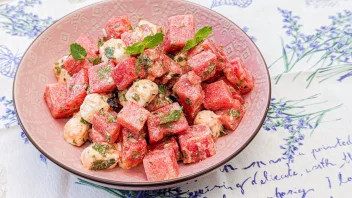 watermelon mint salad in a bowl on a placemat
