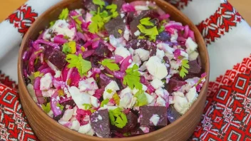 Beetroot salad with bryndza cheese in a traditional Ukrainian clay bowl with an embroidered napkin in the back