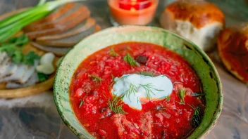 A bowl of delicious Ukrainian borsch with sour cream and a sprinkling of dill. The blurred background shows traditional borsch accompaniments like garlic bread rolls and cured pork fatback with rye bread and onion.