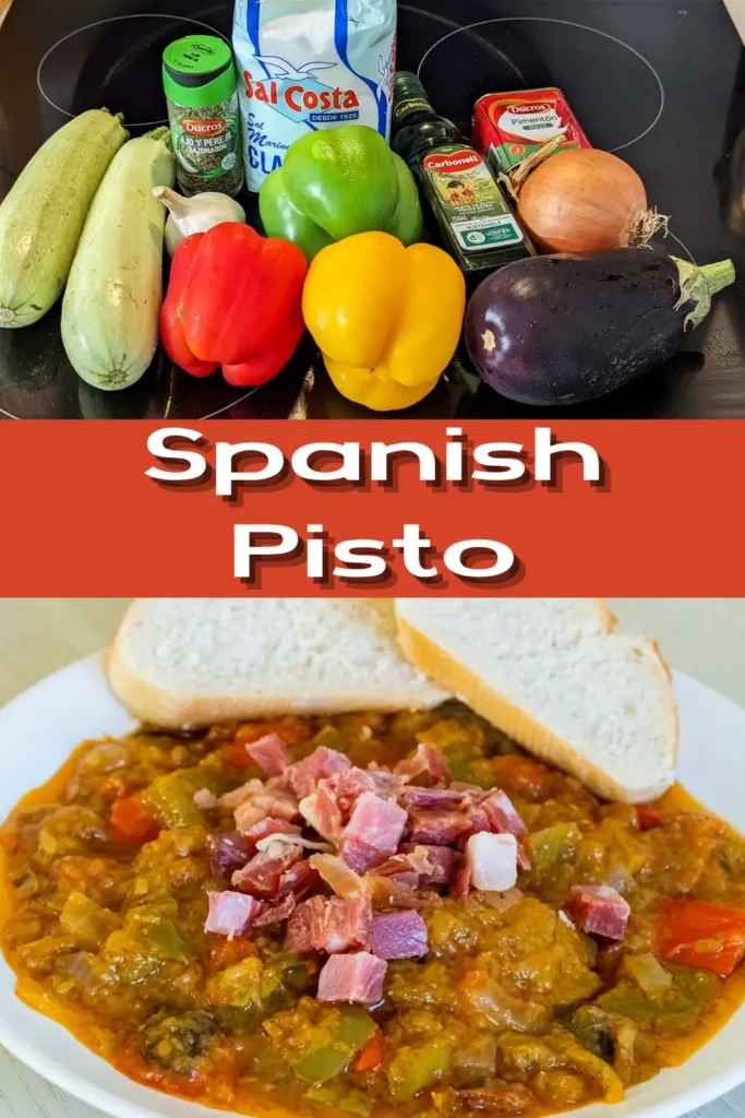 pinterest pin of pisto ingredients and finished pisto