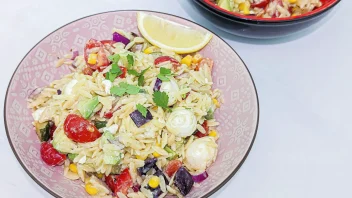rainbow orzo pasta salad in a pink bowl with lemon wedge and cilantro garnish