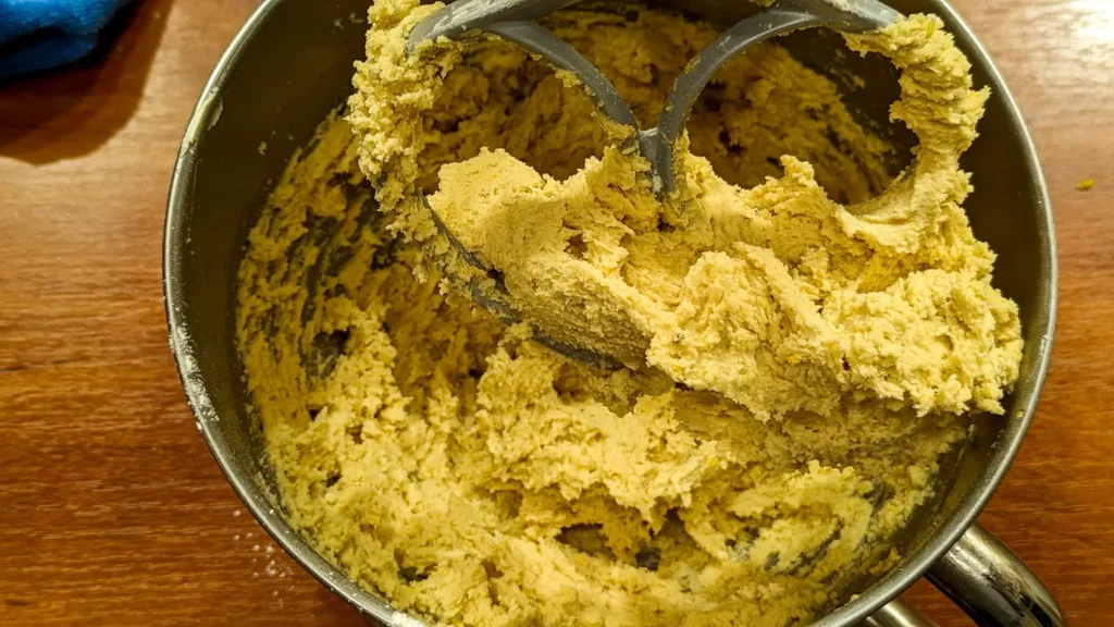 creamed soft lemon cookie dough in stand mixer with paddle attachment 