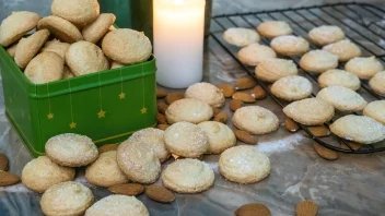 Italian Amaretti Cookies in a tin and on a marble counter with fresh almonds scattered around