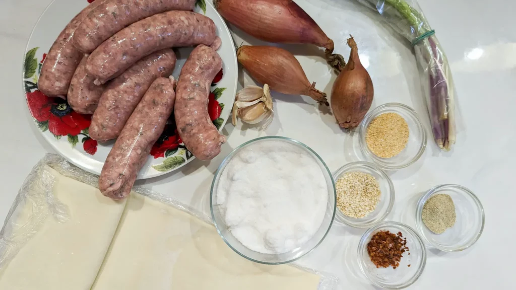 UK style sausage roll ingredients on a kitchen table